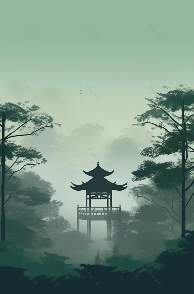 山谷中传统亭台楼阁烟雨朦胧风景插画,插画/手绘图,插画/手绘图库,插画/手绘图下载,插画/手绘
